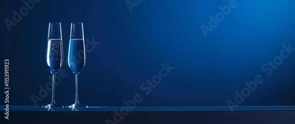 Fototapeta Two champagne flutes filled with sparkling wine sit on a dark blue surface against a matching backdrop.  A sophisticated and elegant image.