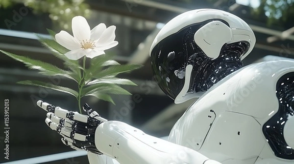 Obraz Robot gently holding a white flower.
