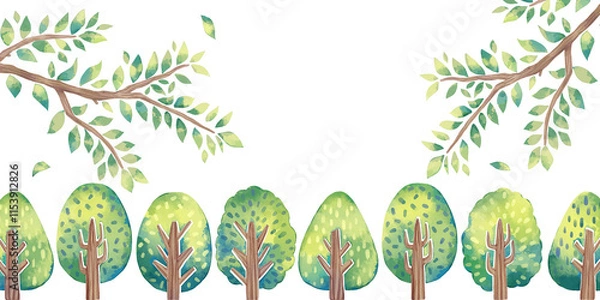 Obraz 水彩タッチの植物の背景　並んだ木々と木の枝