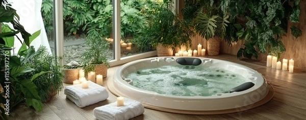 Fototapeta A luxurious spa room featuring a bubbling jacuzzi aroma Luxurious spa with bubbling jacuzzi Relaxing spa retreat with soothing aroma Elegant spa room with jacuzzi ambiance