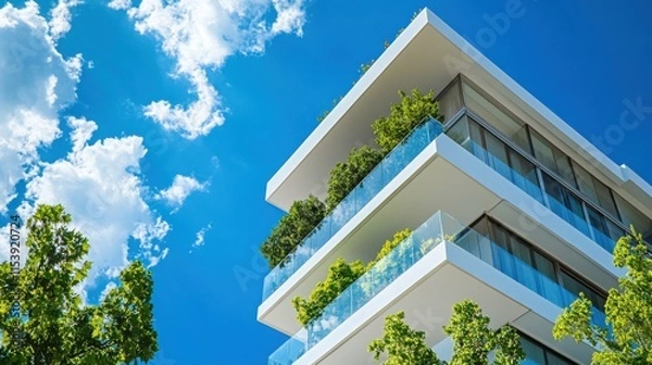 Fototapeta Edificio moderno con vegetación y cielo azul