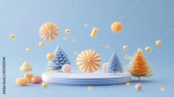 Fototapeta A whimsical scene featuring colorful, decorative confections and trees floating above a pale blue background, creating a festive and playful atmosphere.