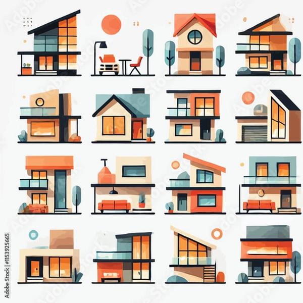 Obraz Modern house icon set flat illustration vector
