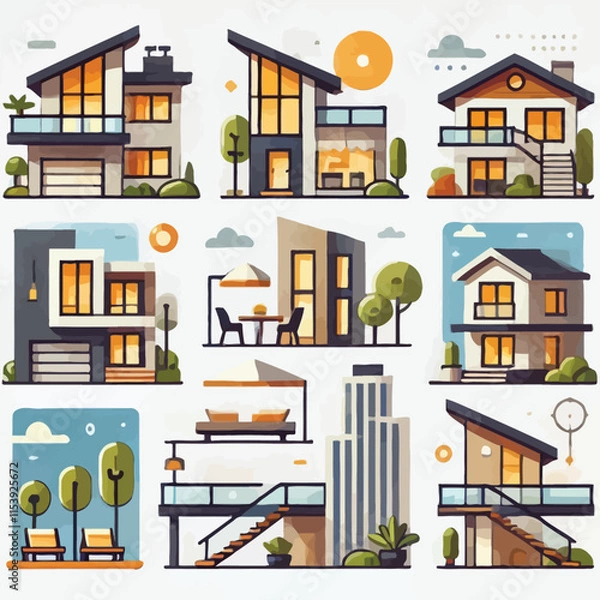 Obraz Modern house icon set flat illustration vector