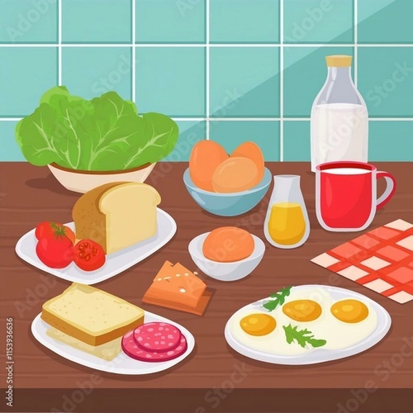 Obraz Morning breakfast ingredients for sandwich laying on kitchen table concept. 