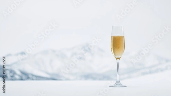 Fototapeta A single flute of sparkling wine rests on a pristine white surface, with a softly blurred mountainous winter landscape in the background.