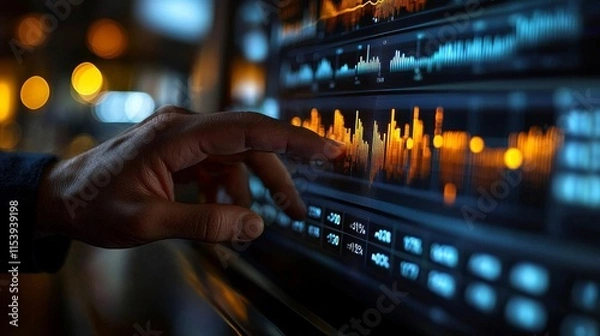 Obraz A hand interacts with a digital display showing audio waveforms and controls, highlighting sound analysis and technology.