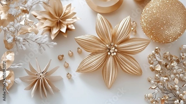 Fototapeta A collection of elegant golden floral decorations and embellishments arranged aesthetically on a light background.