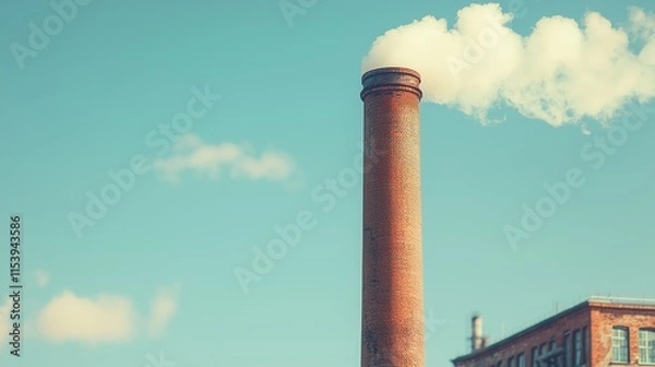 Fototapeta Industrial Chimney with White Smoke Against Blue Sky Background