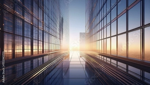 Fototapeta 3d render of morning view to perspective glass building 
 - bridge over the river