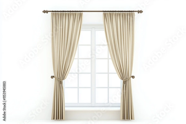 Fototapeta Selective focus window and curtain in the house isolated on white background, Window and curtain with sun light on white background, Interior design of window with curtain.