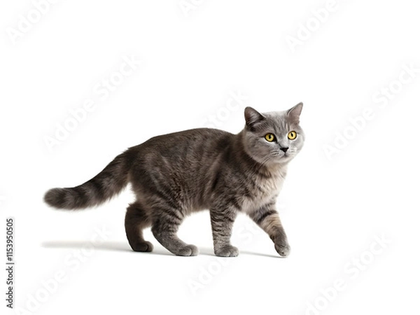 Fototapeta A full shot of a light gray British Shorthair cat. The cat is positioned in a dynamic stance, as if walking.