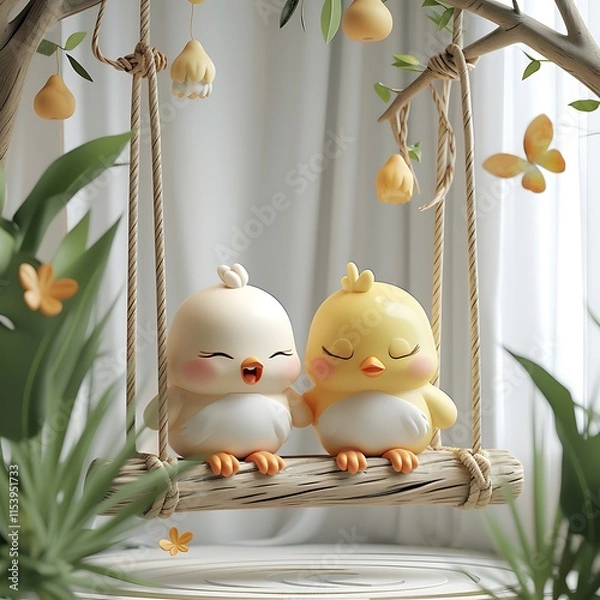 Fototapeta Two adorable cartoon-style birds sitting on a wooden swing, surrounded by hanging flowers and greenery. A cheerful and whimsical nature-inspired scene.