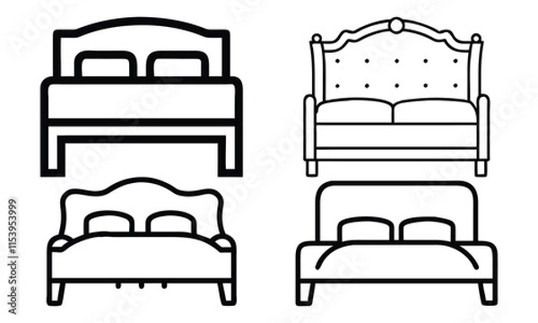 Fototapeta Line Art Bed and Sofa Design Set, Black and white line art illustration of four furniture designs, including elegant beds and a tufted sofa, perfect for interior design concepts.
