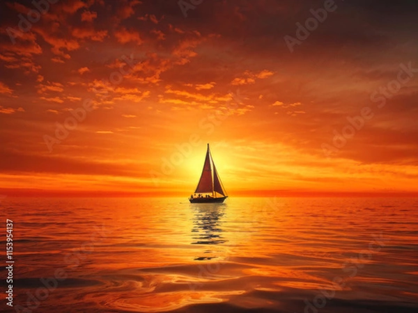 Fototapeta A striking silhouette of a sailboat against a radiant orange sunset over calm waters, reflecting the warm glow of the sun. Generative AI