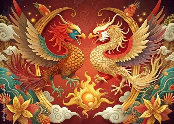 Fototapeta chinese dragon statue chinese new year elements, asian oriental ornaments. Japanese festive decorations, clouds, flowers and patterns vector set.