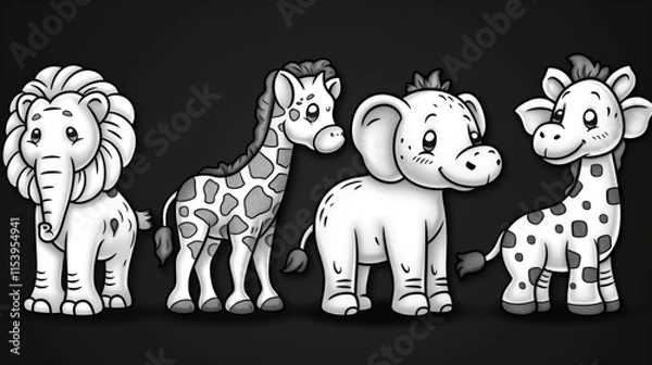 Fototapeta A group of cute, cartoon-style animals including a lion, giraffe, elephant, and another giraffe.