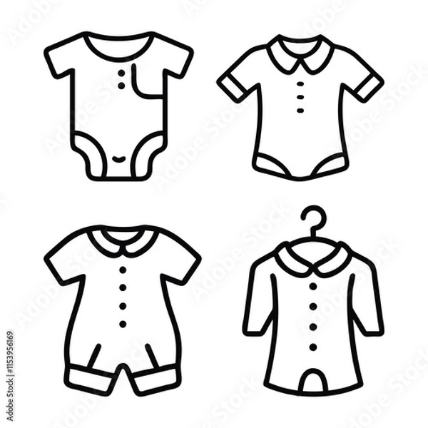 Fototapeta Baby Clothes Line Art Vector Set, Black and white line art vector illustration showcasing various baby clothing styles, including bodysuits and rompers, with minimalist design.
