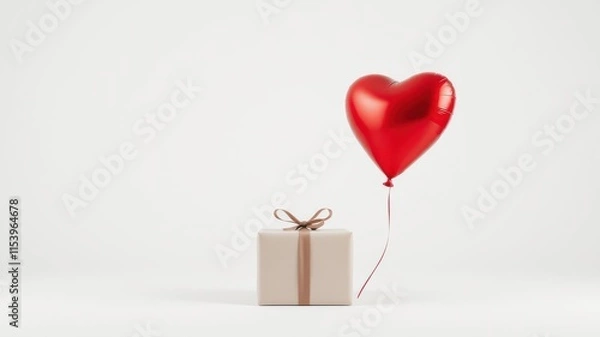 Fototapeta A romantic gift presentation featuring a beige box with a brown ribbon and a red heart-shaped balloon.