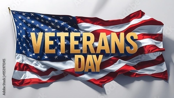 Fototapeta Veterans Day large golden text with USA Flag with a blurred city background