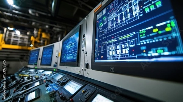 Obraz Macro view of control systems regulating reactor vessels and cracking units in a high-tech petrochemical plant, digital monitors glowing.