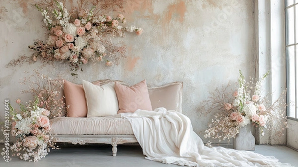 Obraz Stylish wedding maternity backdrop with floral arrangements and soft pillows