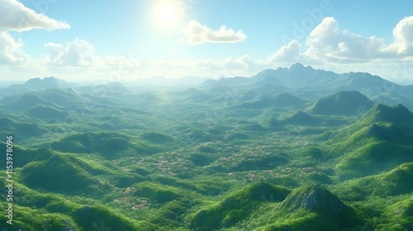 Fototapeta Lush green mountain range with village.