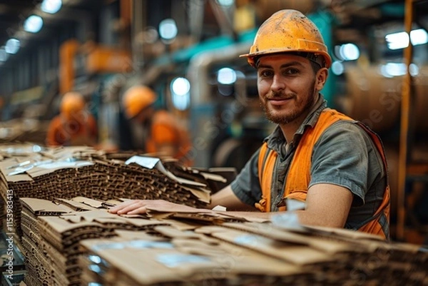 Fototapeta A worker wearing an orange helmet and vest assembles cardboard boxes in a bustling manufacturing facility during the day. The environment is filled with other workers and machinery