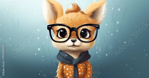 Fototapeta A cute, cartoon-style fox wearing glasses and a polka-dotted sweater against a soft background.