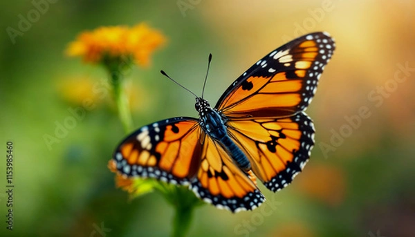 Fototapeta A close-up of an orange and black butterfly with spotted wings perched on a green flower