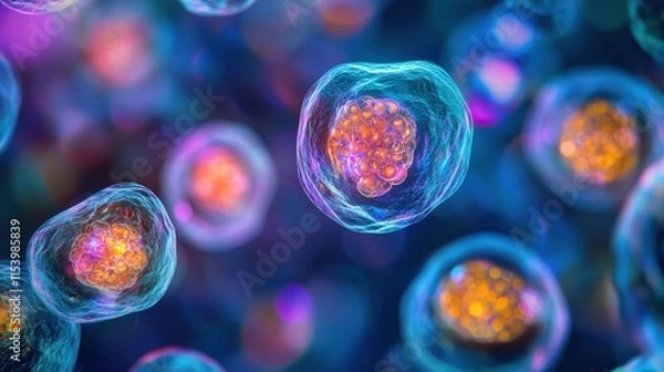 Obraz Mesenchymal stem cells in action, vibrant hues, intricate details, illuminated for scientific focus