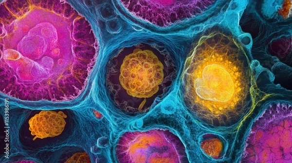 Obraz Microscopic view of mesenchymal stem cells, radiant and colorful, intricate textures, scientific detail