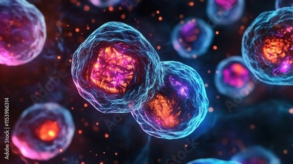 Obraz Close-up of mesenchymal stem cells, glowing colors, detailed cellular structures, scientific exploration