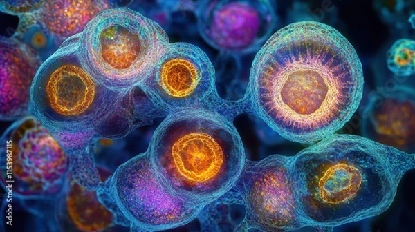 Obraz Mesenchymal stem cells in vibrant hues, intricate patterns, illuminated under a microscope, scientific imagery