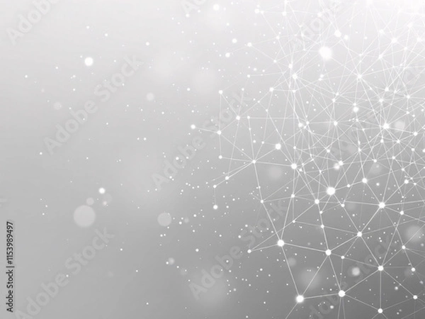 Fototapeta Abstract network of glowing dots and lines on a grey background, representing digital connections.