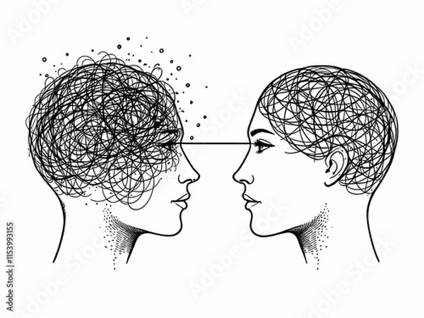Fototapeta Two contrasting heads with intricate, chaotic lines and ordered, geometric patterns, reflecting mental complexity.
