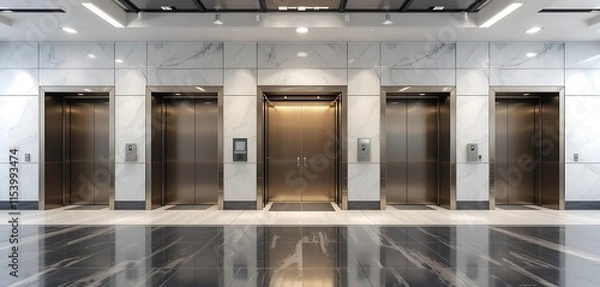 Fototapeta Modern Building Lobby with Five Elevators and Marble Walls