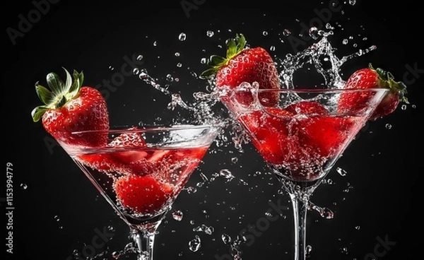Fototapeta Martini Glasses with Strawberries Splashing in the Air on a Black Background. AI generated illustration