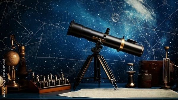 Fototapeta A well-organized astronomy corner with a telescope, Stargazing equipment and star maps neatly arranged, Celestial exploration style