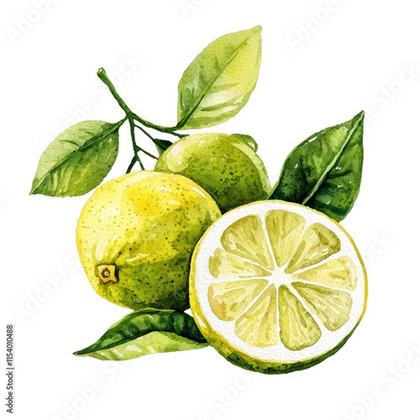 Obraz Vibrant Watercolor Illustration of Fresh Lemons and Limes with Green Leaves on a transparent background