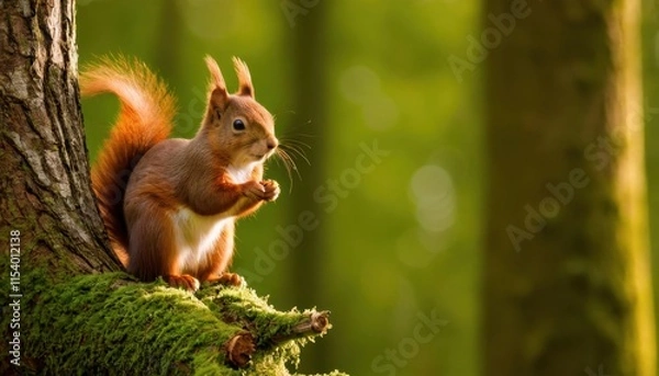 Fototapeta A vibrant red squirrel amidst a lush green forest, its fluffy tail arched elegantly as it pauses on a moss-covered branch. A perfect symbol of nature's grace and curiosity