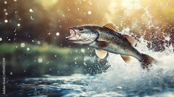 Fototapeta Bass Fish Jumping Out of Water with Splash, AI generated illustration