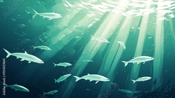 Fototapeta Minimalist Underwater Scene: Swarm of Fish Swimming in the Ocean with Sunlight Filtering Through. AI generated illustration