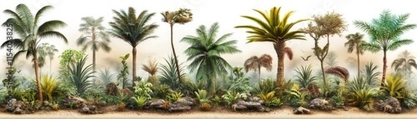 Fototapeta A vibrant tropical landscape featuring diverse plants and trees in a lush environment.