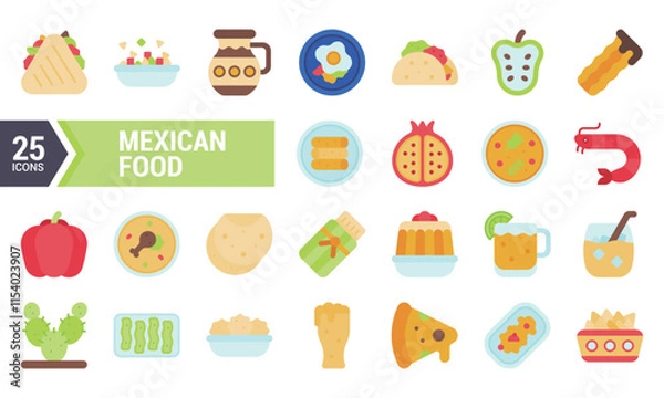 Fototapeta 25 Colorful Icons for Your Mexican Food Design Project.