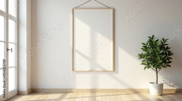 Fototapeta Sunlight streams into a minimalist room, illuminating a blank canvas and a potted plant, creating a serene and inviting atmosphere