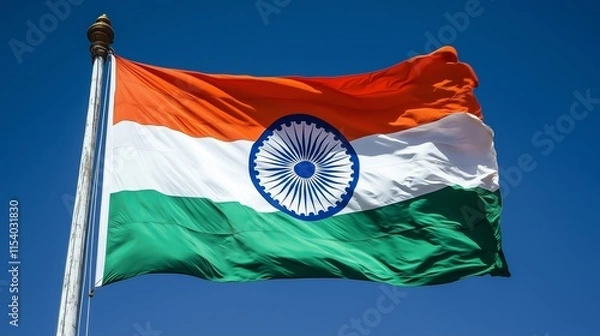 Fototapeta A close-up of an Indian flag waving in the wind with vibrant colors against a blue sky.