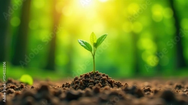 Fototapeta A Tiny Sprout Emerging in a Sunlit Forest, Symbolizing New Growth and Environmental Conservation