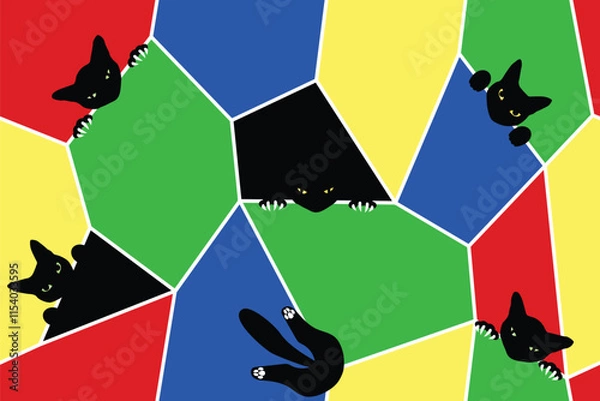 Fototapeta Multicolored polygons and black cats sticking out of them, seamless vector pattern
