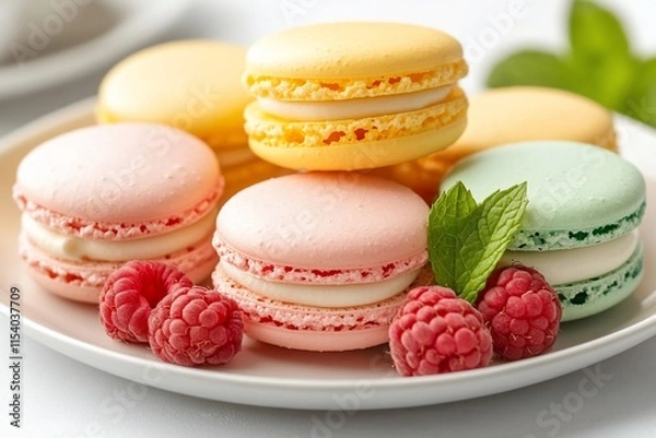 Fototapeta Colorful macarons with raspberries on a plate.